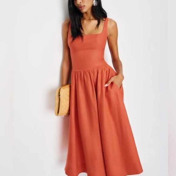 NEW Reformation Janu Midi Linen Dress Red Coral Orange | US 0 UK 4 - Picture 1 of 15